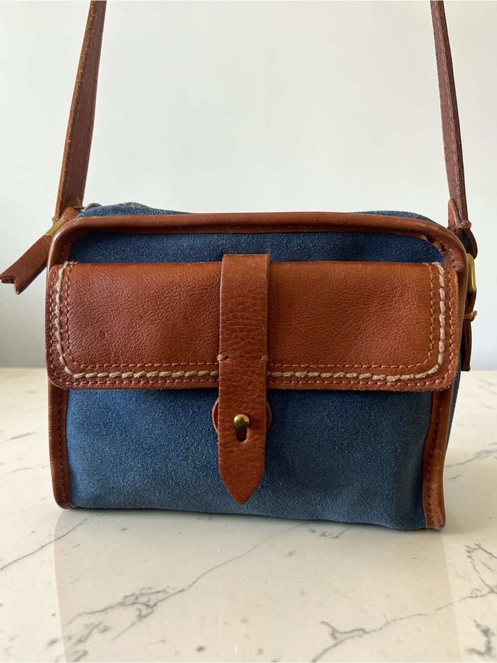 Madewell Camden Mini Crossbody Blue Suede Cognac Leather Camera Bag - Picture 10 of 10